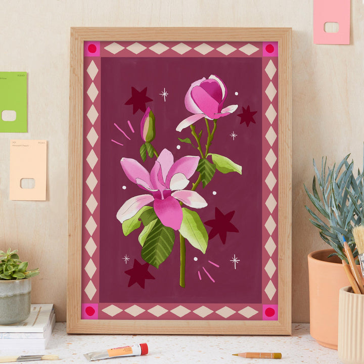 Magnolia Art Print Burgundy with Border | Wholesale