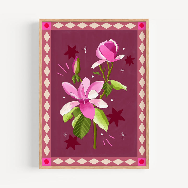 Magnolia Art Print Burgundy with Border | Wholesale