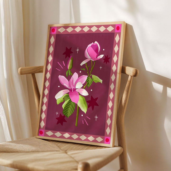 Magnolia Art Print Burgundy with Border | Wholesale