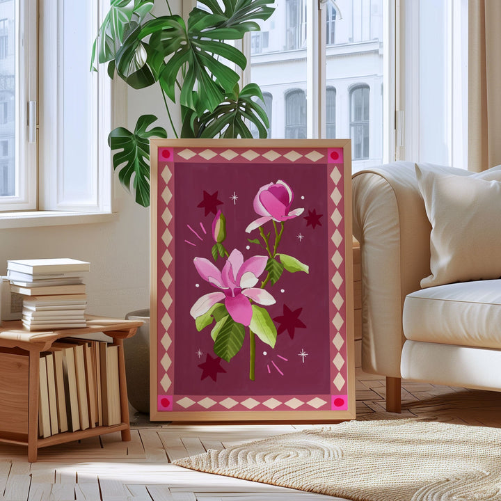 Magnolia Art Print Burgundy with Border | Wholesale