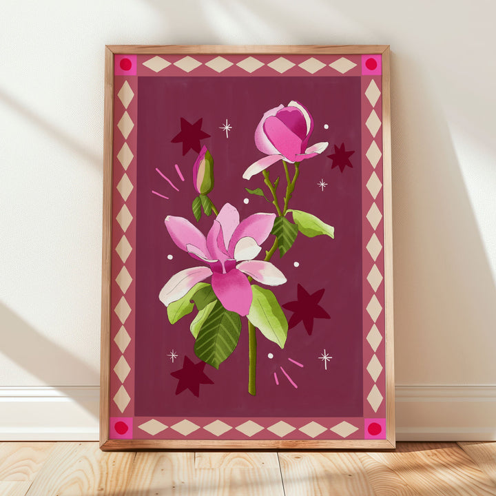 Magnolia Art Print Burgundy with Border | Wholesale