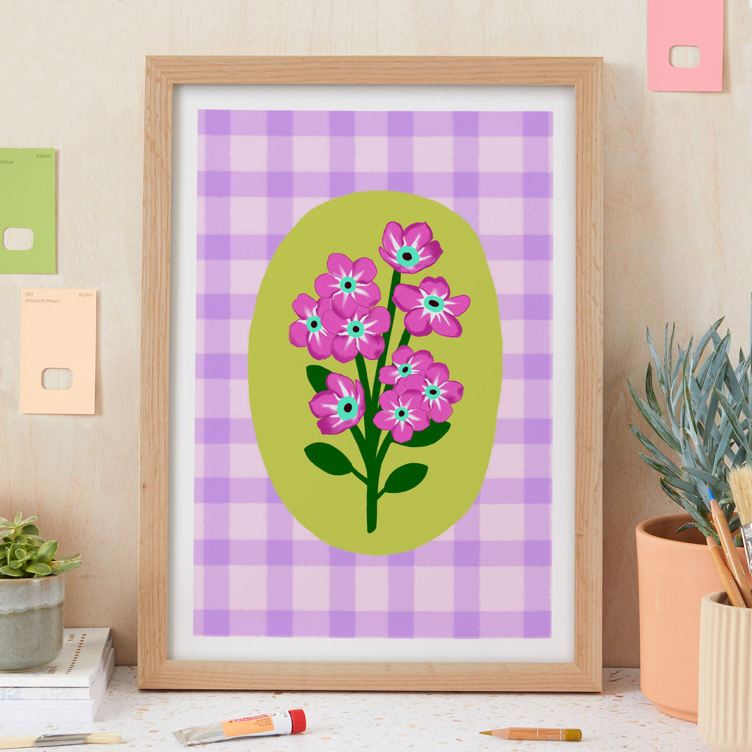 Gingham Floral Art Print Lilac