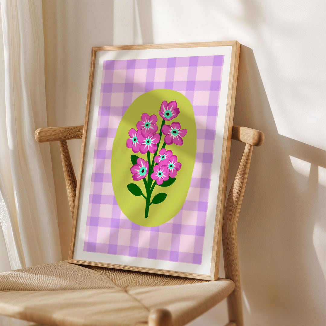 Gingham Floral Art Print Lilac