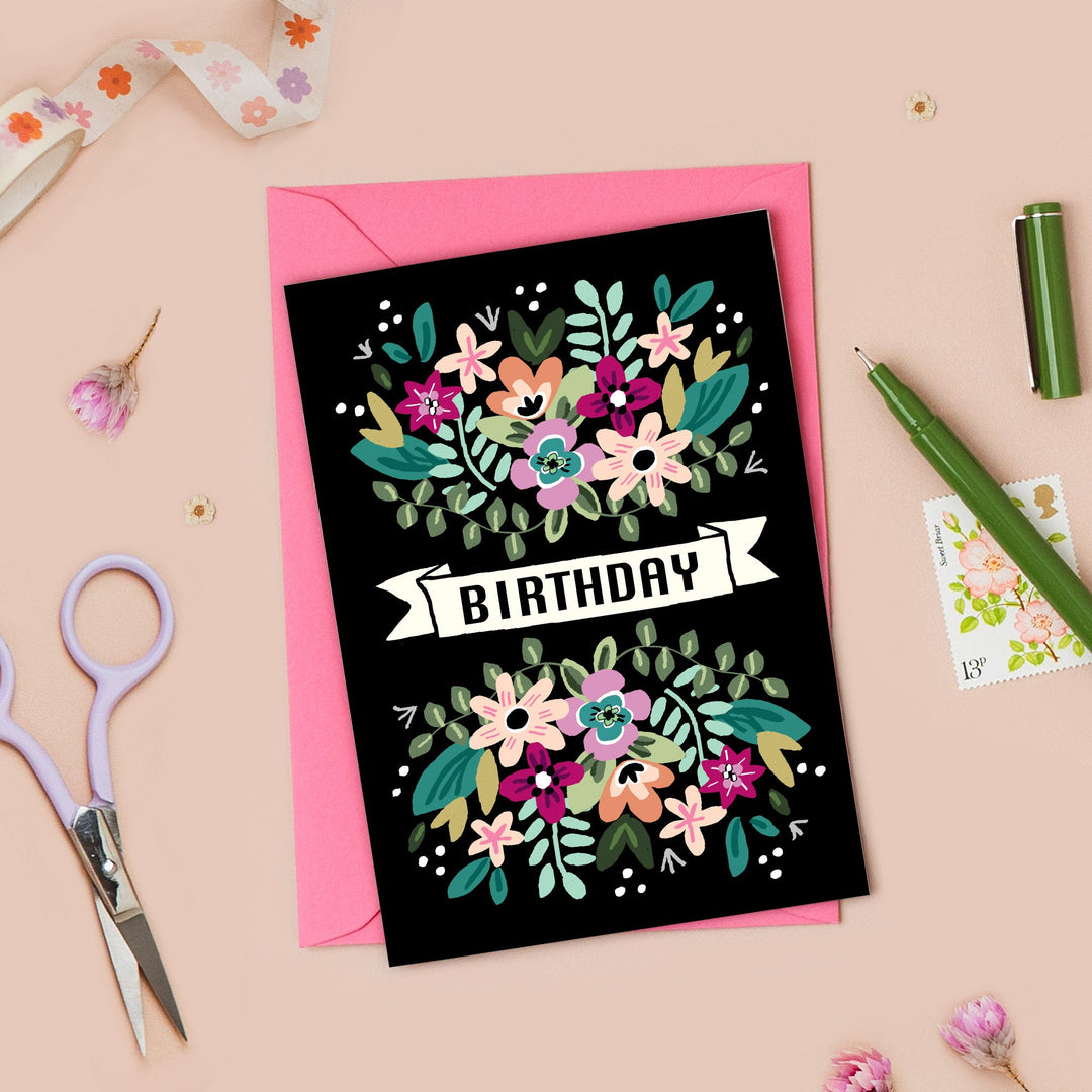 Retro Floral Black Birthday Card | Wholesale