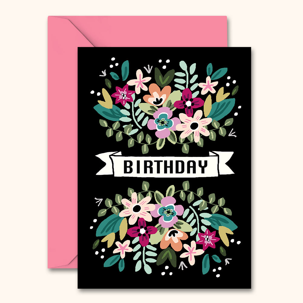 Retro Floral Black Birthday Card