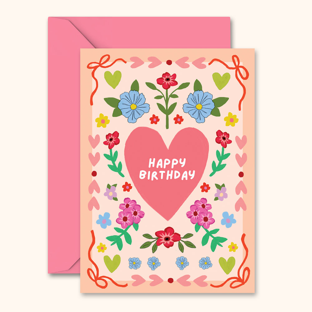 Birthday Card - Folk Floral Heart Pattern | Wholesale