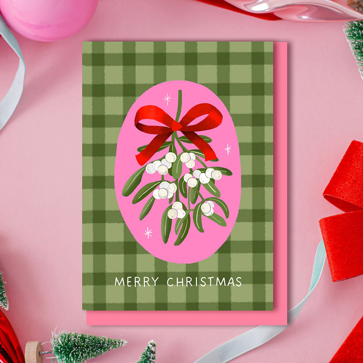 Mistletoe Gingham Christmas Card Green