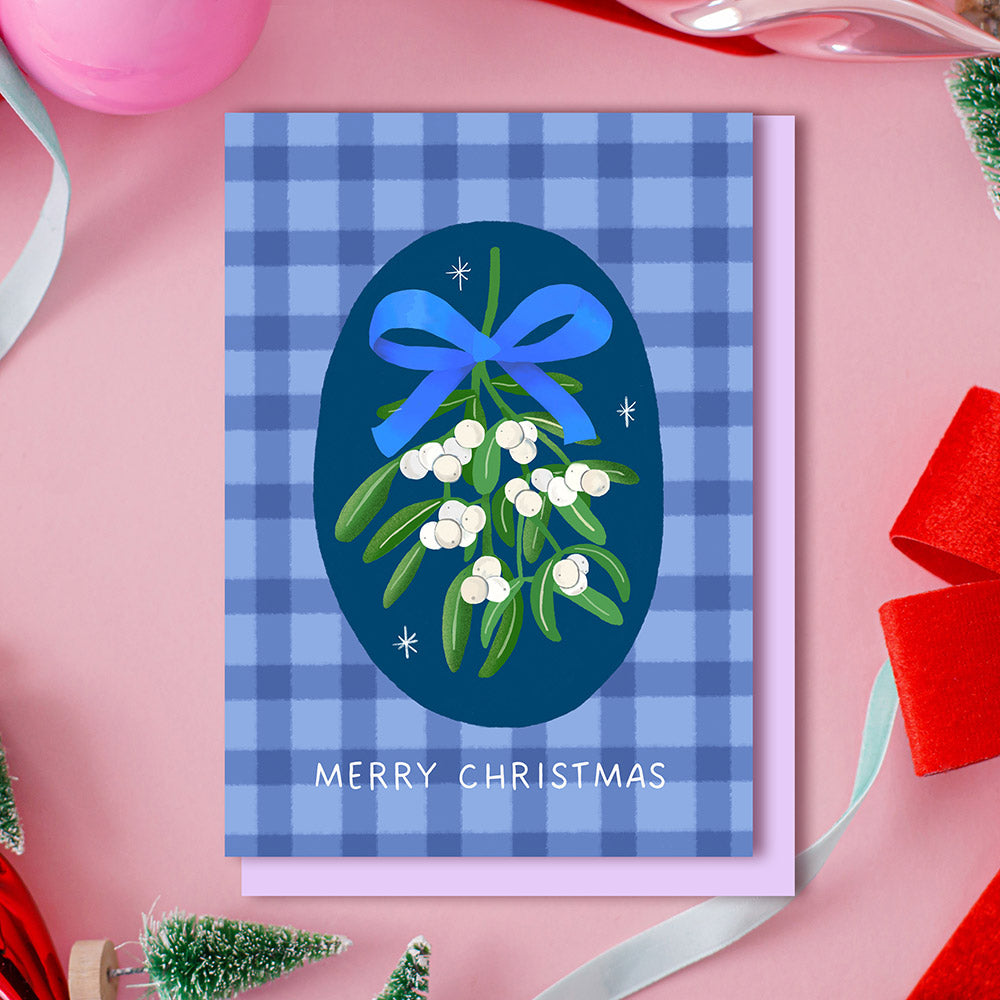 Mistletoe Gingham Christmas Card Blue | Wholesale