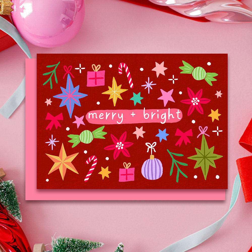 Merry and Bright Christmas Card Red | Wholesale