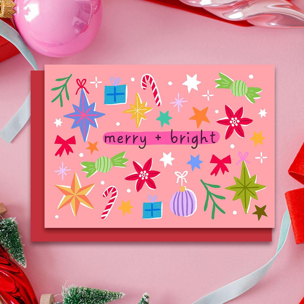 Merry and Bright Christmas Card Pink | Wholesale