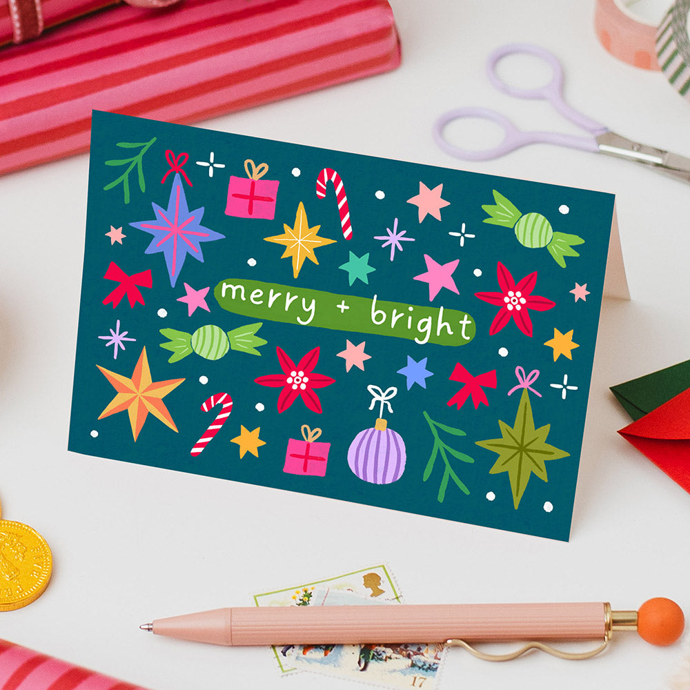 Merry and Bright Christmas Card Blue