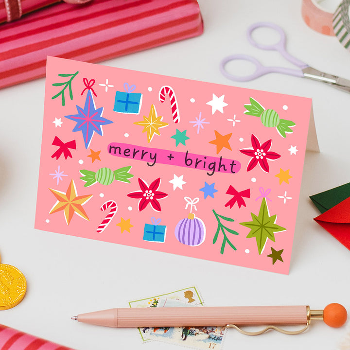 Merry and Bright Christmas Card Pink