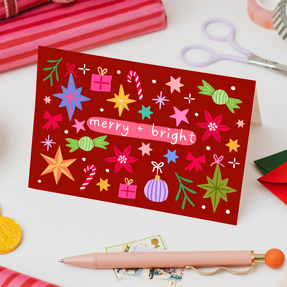 Merry and Bright Christmas Card Red