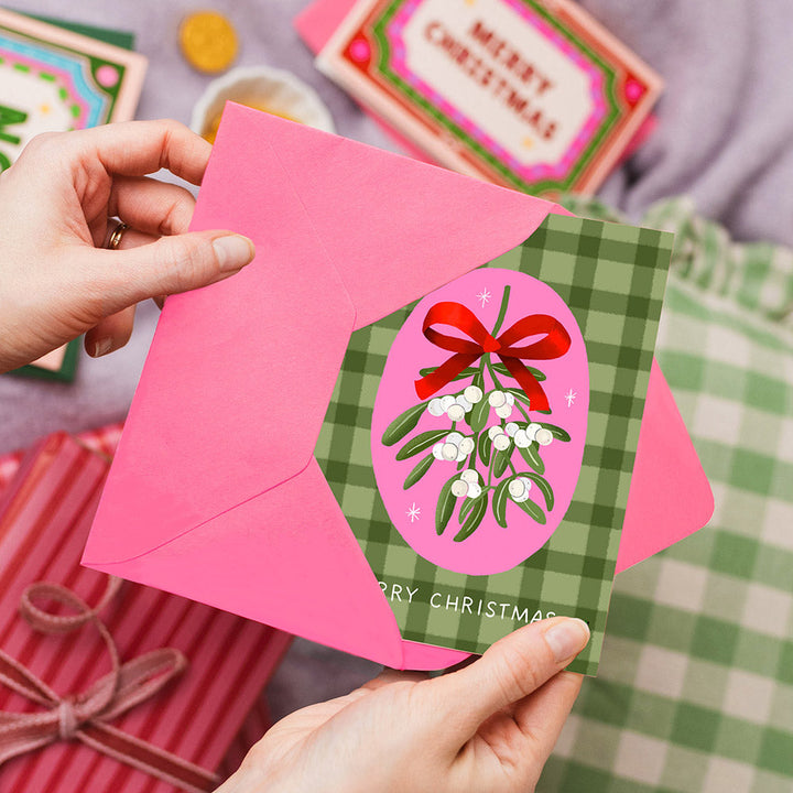 Mistletoe Gingham Christmas Card Green | Wholesale