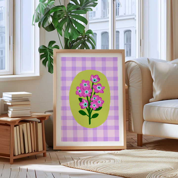 Gingham Floral Art Print Lilac