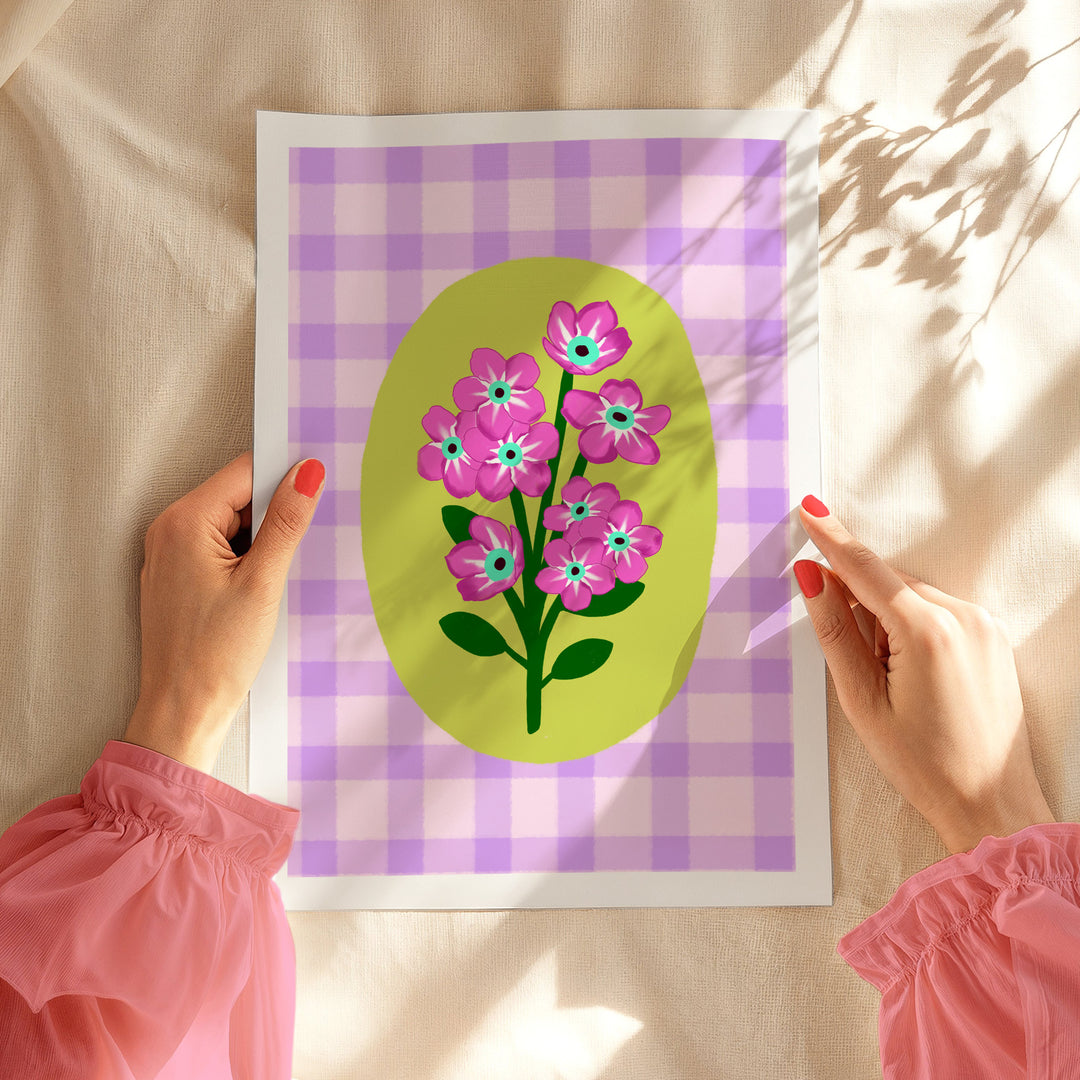 Gingham Floral Art Print Lilac