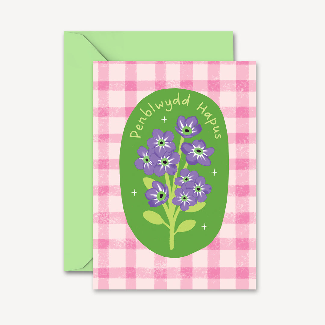 Penblwydd Hapus Welsh Floral Gingham Card