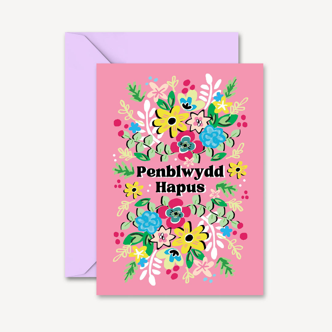 Penblwydd Hapus Welsh Floral Pink Illustrated Card | Wholesale