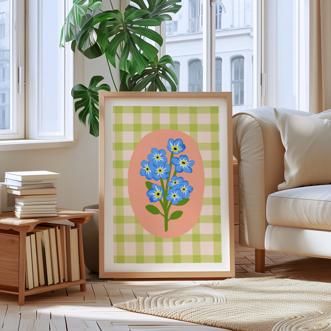 Gingham Floral Art Print Green