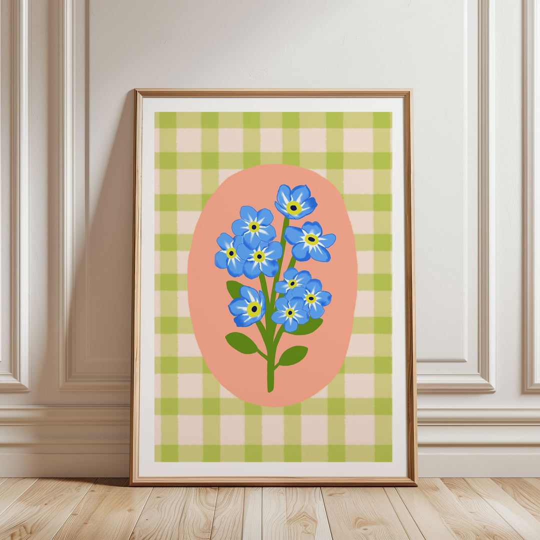 Gingham Floral Art Print Green