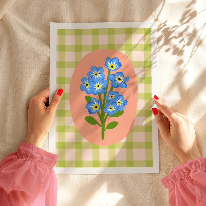 Gingham Floral Art Print Green