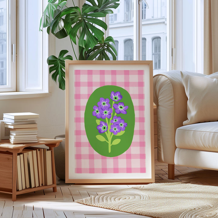 Gingham Floral Art Print Pink