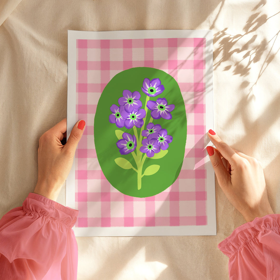 Gingham Floral Art Print Pink