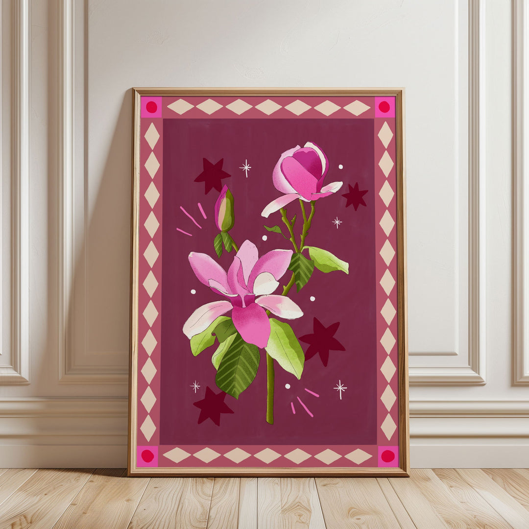 Magnolia Art Print Burgundy with Border