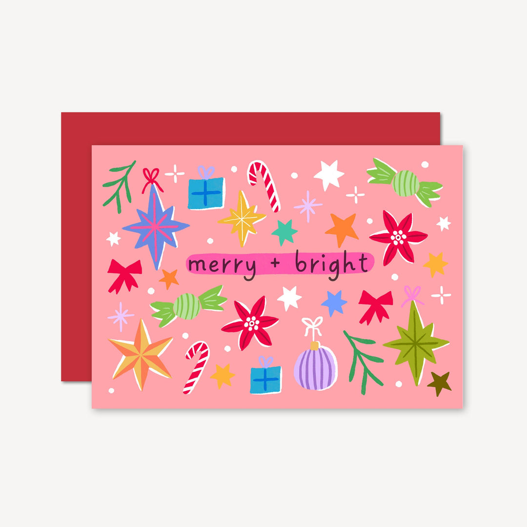 Merry and Bright Christmas Card Pink