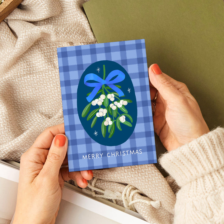 Mistletoe Gingham Christmas Card Blue