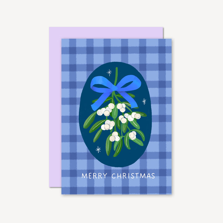 Mistletoe Gingham Christmas Card Blue