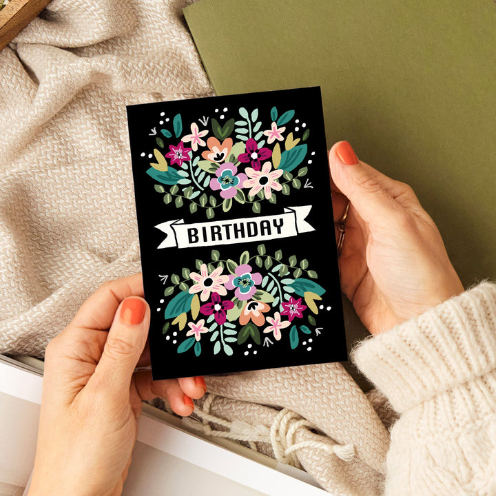 Retro Floral Black Birthday Card