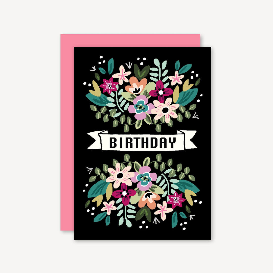 Retro Floral Black Birthday Card